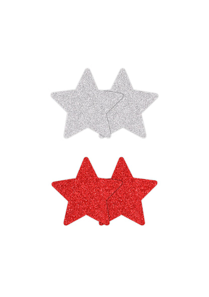 Copricapezzoli a forma di stella Pasties Glitter Stars 2 Pair red & silver