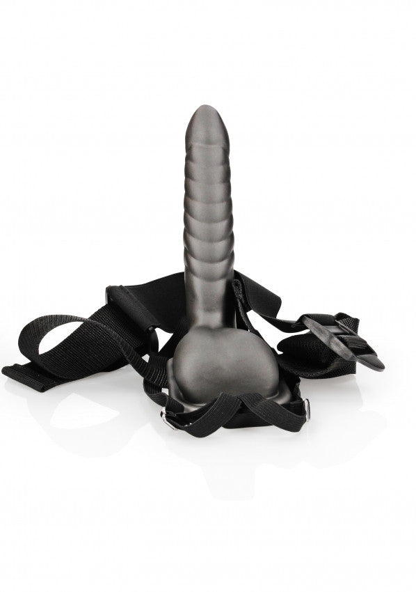 Fallo cavo indossabile Ribbed Hollow Strap-on with Balls - 8'' / 21 cm - Gun Metal