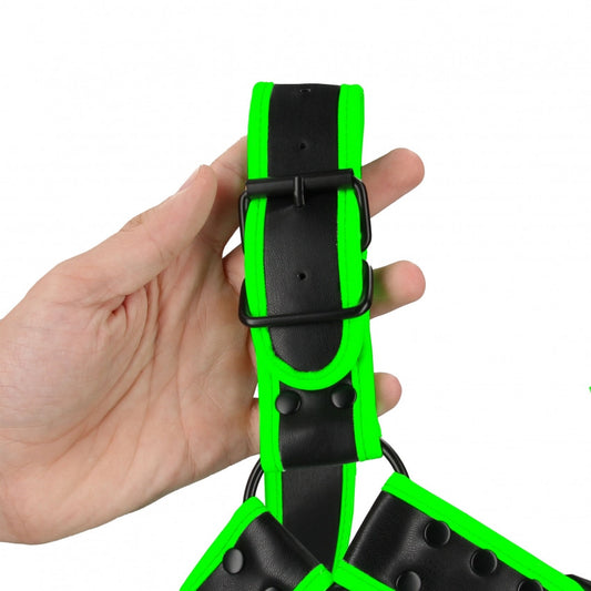 Pettorina sadomaso fosforescente Buckle Bulldog Harness - GitD - Neon Green/Black