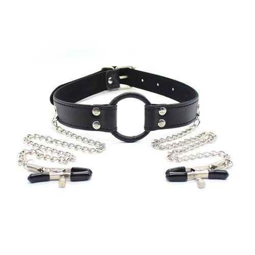 Ring gag nipples clamps pinze per capezzoli morso fetish bondage nero